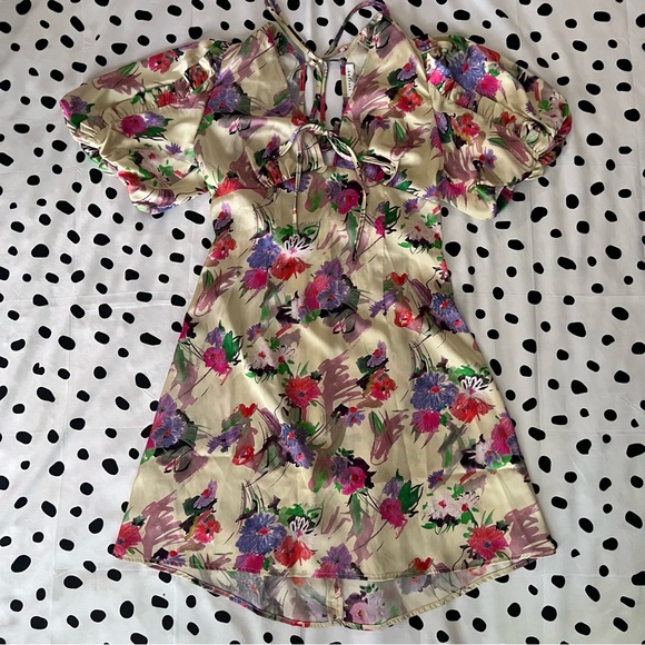 Topshop Floral Print Puff Sleeve Tie Front Satin Mini Dress - Picture 2 of 7